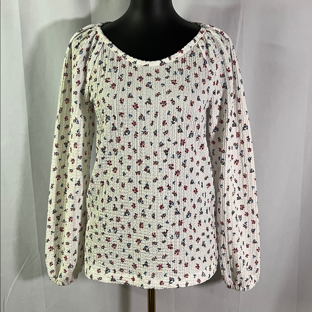 LOFT White Multicolor Floral Print Textured Puff Shoulder Long Sleeve Top